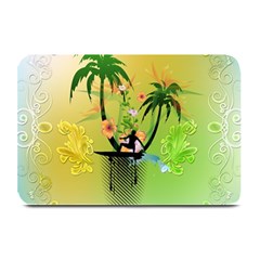 Surfing, Surfboarder With Palm And Flowers And Decorative Floral Elements Plate Mats