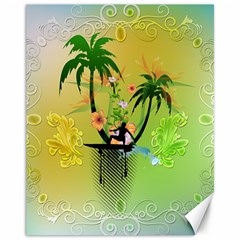 Surfing, Surfboarder With Palm And Flowers And Decorative Floral Elements Canvas 11  X 14  