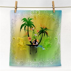 Surfing, Surfboarder With Palm And Flowers And Decorative Floral Elements Face Towel