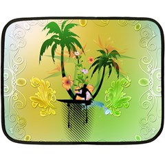 Surfing, Surfboarder With Palm And Flowers And Decorative Floral Elements Double Sided Fleece Blanket (mini) 