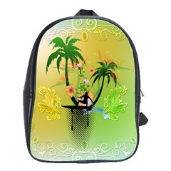 Surfing, Surfboarder With Palm And Flowers And Decorative Floral Elements School Bags(large)  by FantasyWorld7