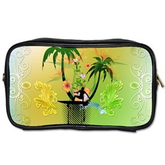 Surfing, Surfboarder With Palm And Flowers And Decorative Floral Elements Toiletries Bags 2-side by FantasyWorld7