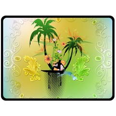 Surfing, Surfboarder With Palm And Flowers And Decorative Floral Elements Fleece Blanket (large) 