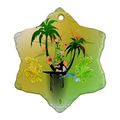 Surfing, Surfboarder With Palm And Flowers And Decorative Floral Elements Snowflake Ornament (2-side) by FantasyWorld7