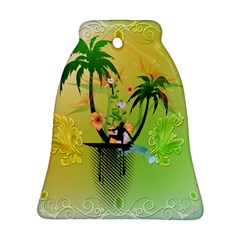 Surfing, Surfboarder With Palm And Flowers And Decorative Floral Elements Bell Ornament (2 Sides) by FantasyWorld7