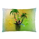 Surfing, Surfboarder With Palm And Flowers And Decorative Floral Elements Pillow Cases (Two Sides) Back