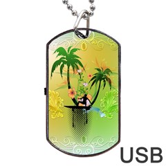 Surfing, Surfboarder With Palm And Flowers And Decorative Floral Elements Dog Tag Usb Flash (two Sides) 