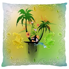 Surfing, Surfboarder With Palm And Flowers And Decorative Floral Elements Large Cushion Cases (one Side) 