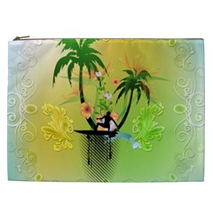 Surfing, Surfboarder With Palm And Flowers And Decorative Floral Elements Cosmetic Bag (xxl)  by FantasyWorld7