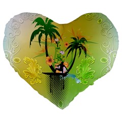 Surfing, Surfboarder With Palm And Flowers And Decorative Floral Elements Large 19  Premium Heart Shape Cushions