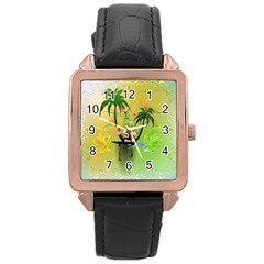 Surfing, Surfboarder With Palm And Flowers And Decorative Floral Elements Rose Gold Watches