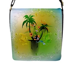 Surfing, Surfboarder With Palm And Flowers And Decorative Floral Elements Flap Messenger Bag (l) 