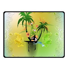 Surfing, Surfboarder With Palm And Flowers And Decorative Floral Elements Double Sided Fleece Blanket (small) 