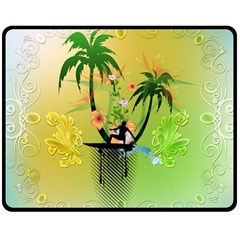 Surfing, Surfboarder With Palm And Flowers And Decorative Floral Elements Double Sided Fleece Blanket (medium) 