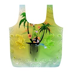 Surfing, Surfboarder With Palm And Flowers And Decorative Floral Elements Full Print Recycle Bags (l)  by FantasyWorld7