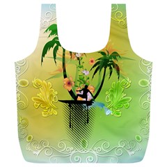 Surfing, Surfboarder With Palm And Flowers And Decorative Floral Elements Full Print Recycle Bags (l) 