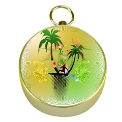 Surfing, Surfboarder With Palm And Flowers And Decorative Floral Elements Gold Compasses