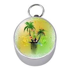 Surfing, Surfboarder With Palm And Flowers And Decorative Floral Elements Mini Silver Compasses