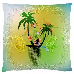 Surfing, Surfboarder With Palm And Flowers And Decorative Floral Elements Large Flano Cushion Cases (two Sides) 