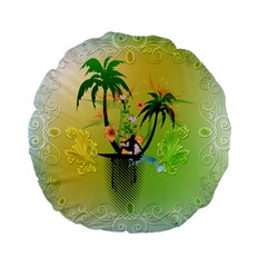 Surfing, Surfboarder With Palm And Flowers And Decorative Floral Elements Standard 15  Premium Flano Round Cushions