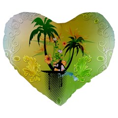 Surfing, Surfboarder With Palm And Flowers And Decorative Floral Elements Large 19  Premium Flano Heart Shape Cushions