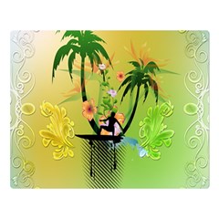 Surfing, Surfboarder With Palm And Flowers And Decorative Floral Elements Double Sided Flano Blanket (large) 