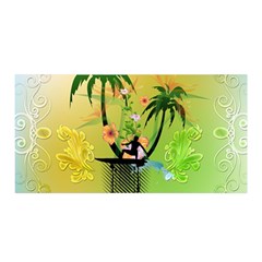 Surfing, Surfboarder With Palm And Flowers And Decorative Floral Elements Satin Wrap