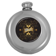 Music The Word With Wonderful Decorative Floral Elements In Gold Round Hip Flask (5 Oz) by FantasyWorld7