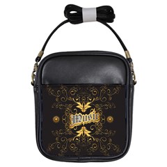 Music The Word With Wonderful Decorative Floral Elements In Gold Girls Sling Bags by FantasyWorld7