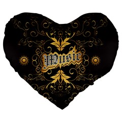 Music The Word With Wonderful Decorative Floral Elements In Gold Large 19  Premium Heart Shape Cushions by FantasyWorld7