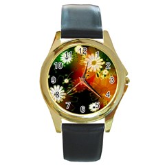 Awesome Flowers In Glowing Lights Round Gold Metal Watches