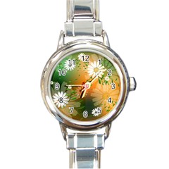 Beautiful Flowers With Leaves On Soft Background Round Italian Charm Watches