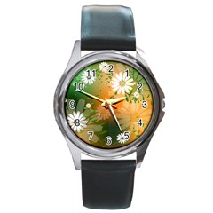 Beautiful Flowers With Leaves On Soft Background Round Metal Watches by FantasyWorld7