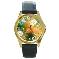 Beautiful Flowers With Leaves On Soft Background Round Gold Metal Watches