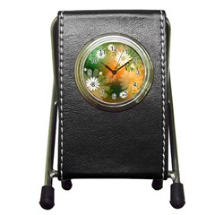 Beautiful Flowers With Leaves On Soft Background Pen Holder Desk Clocks