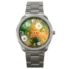 Beautiful Flowers With Leaves On Soft Background Sport Metal Watches by FantasyWorld7