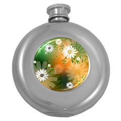 Beautiful Flowers With Leaves On Soft Background Round Hip Flask (5 Oz) by FantasyWorld7