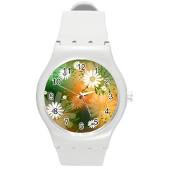 Beautiful Flowers With Leaves On Soft Background Round Plastic Sport Watch (m)