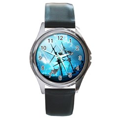 Awesome Ship Wreck With Dolphin And Light Effects Round Metal Watches