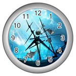 Awesome Ship Wreck With Dolphin And Light Effects Wall Clocks (Silver)  Front