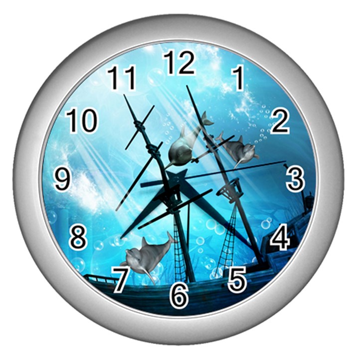 Awesome Ship Wreck With Dolphin And Light Effects Wall Clocks (Silver) 