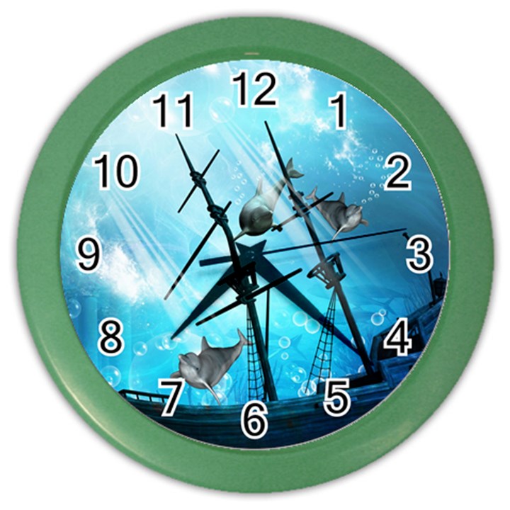 Awesome Ship Wreck With Dolphin And Light Effects Color Wall Clocks