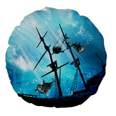 Awesome Ship Wreck With Dolphin And Light Effects Large 18  Premium Round Cushions by FantasyWorld7