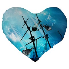 Awesome Ship Wreck With Dolphin And Light Effects Large 19  Premium Heart Shape Cushions