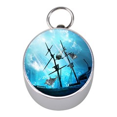 Awesome Ship Wreck With Dolphin And Light Effects Mini Silver Compasses