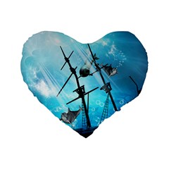 Awesome Ship Wreck With Dolphin And Light Effects Standard 16  Premium Flano Heart Shape Cushions