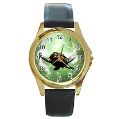 Wonderful Sea Turtle With Bubbles Round Gold Metal Watches