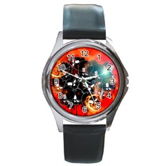 Black Skulls On Red Background With Sword Round Metal Watches