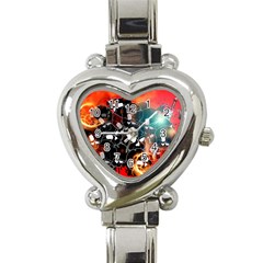 Black Skulls On Red Background With Sword Heart Italian Charm Watch