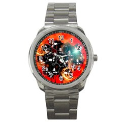 Black Skulls On Red Background With Sword Sport Metal Watches by FantasyWorld7